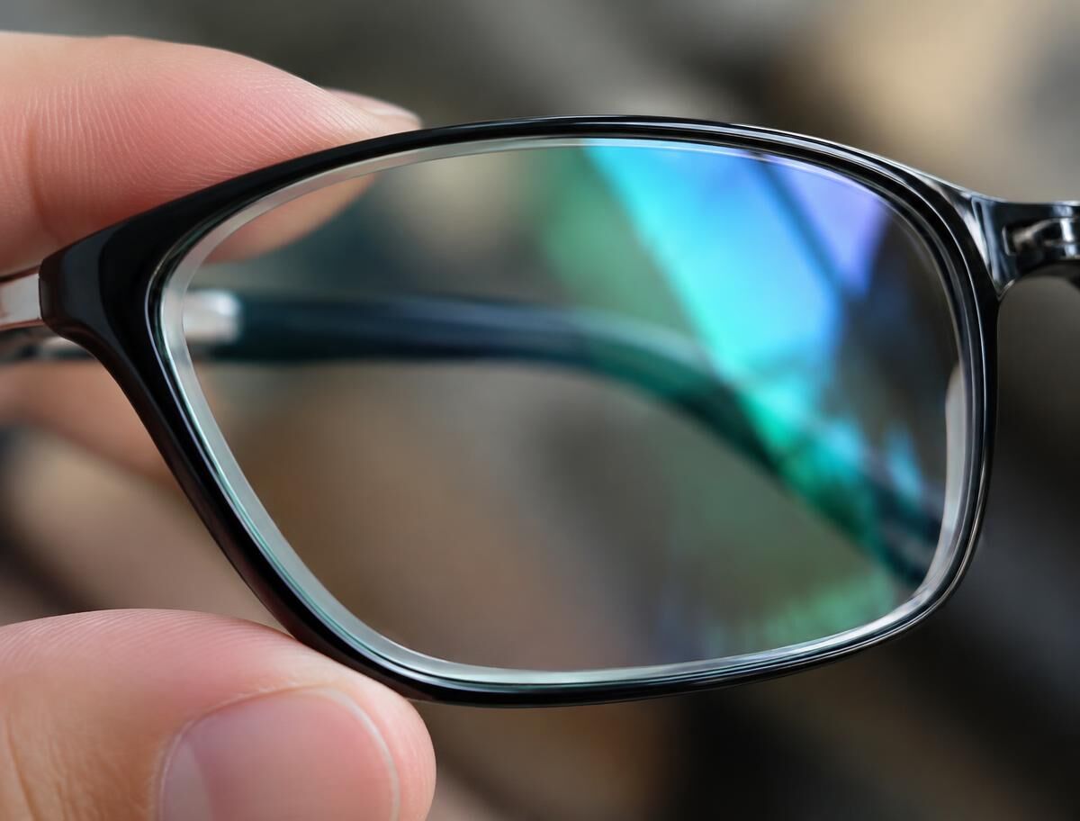 Acercamiento a una mica con tratamiento antirreflejante y su reflejo verde azulado (imagen ilustrativa)