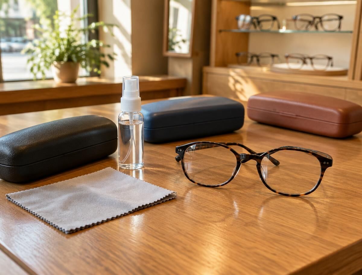 Mostrador de madera con estuches rígidos, paño, líquido limpiador y unos lentes (imagen ilustrativa)